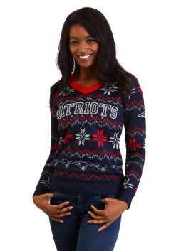 Forever Collectibles New England Patriots Women's Light Up V-Neck Bluetooth Ugly Christmas Sweater