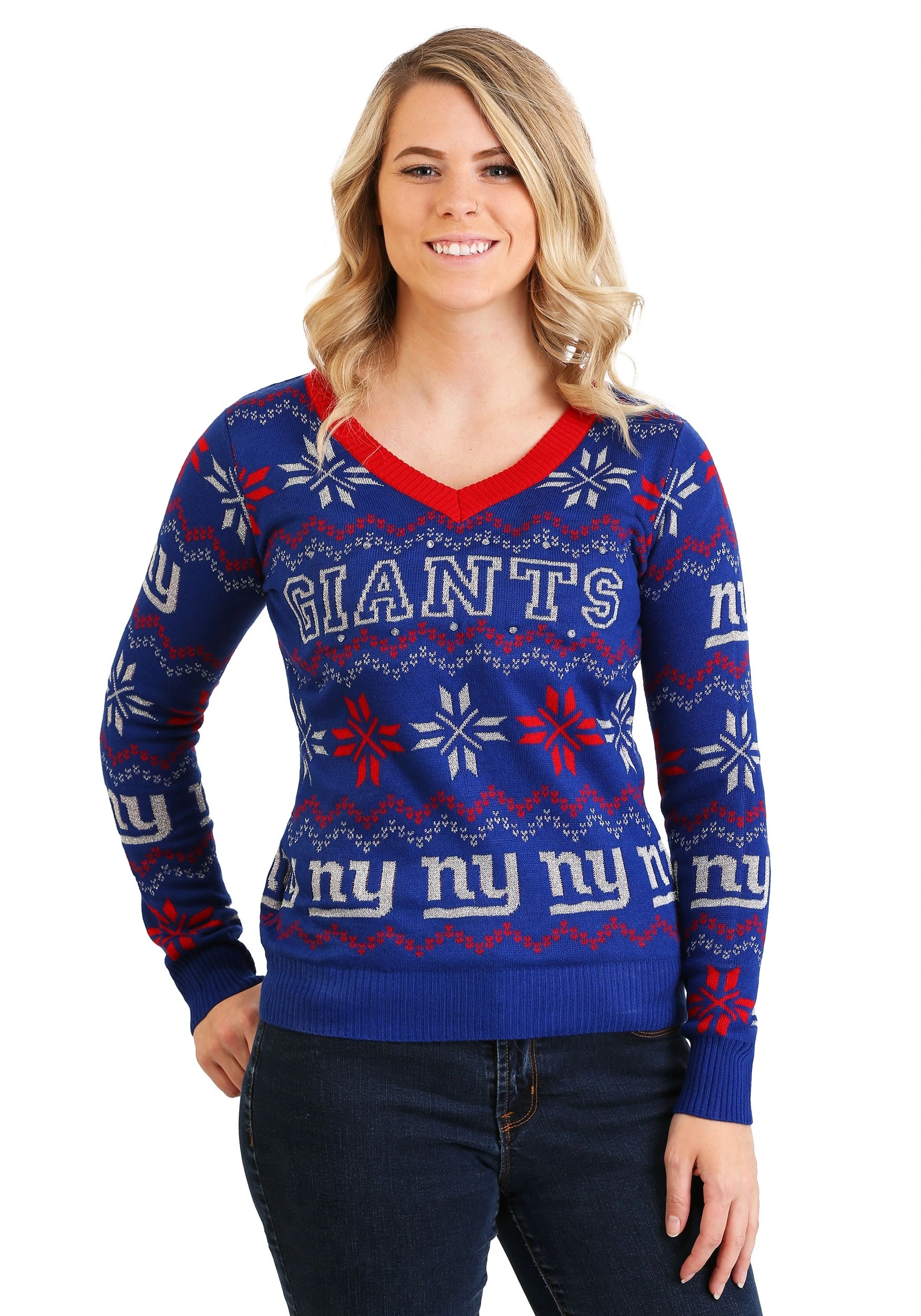 Forever Collectibles New York Giants Women's Light Up V-Neck Bluetooth Ugly Christmas Sweater