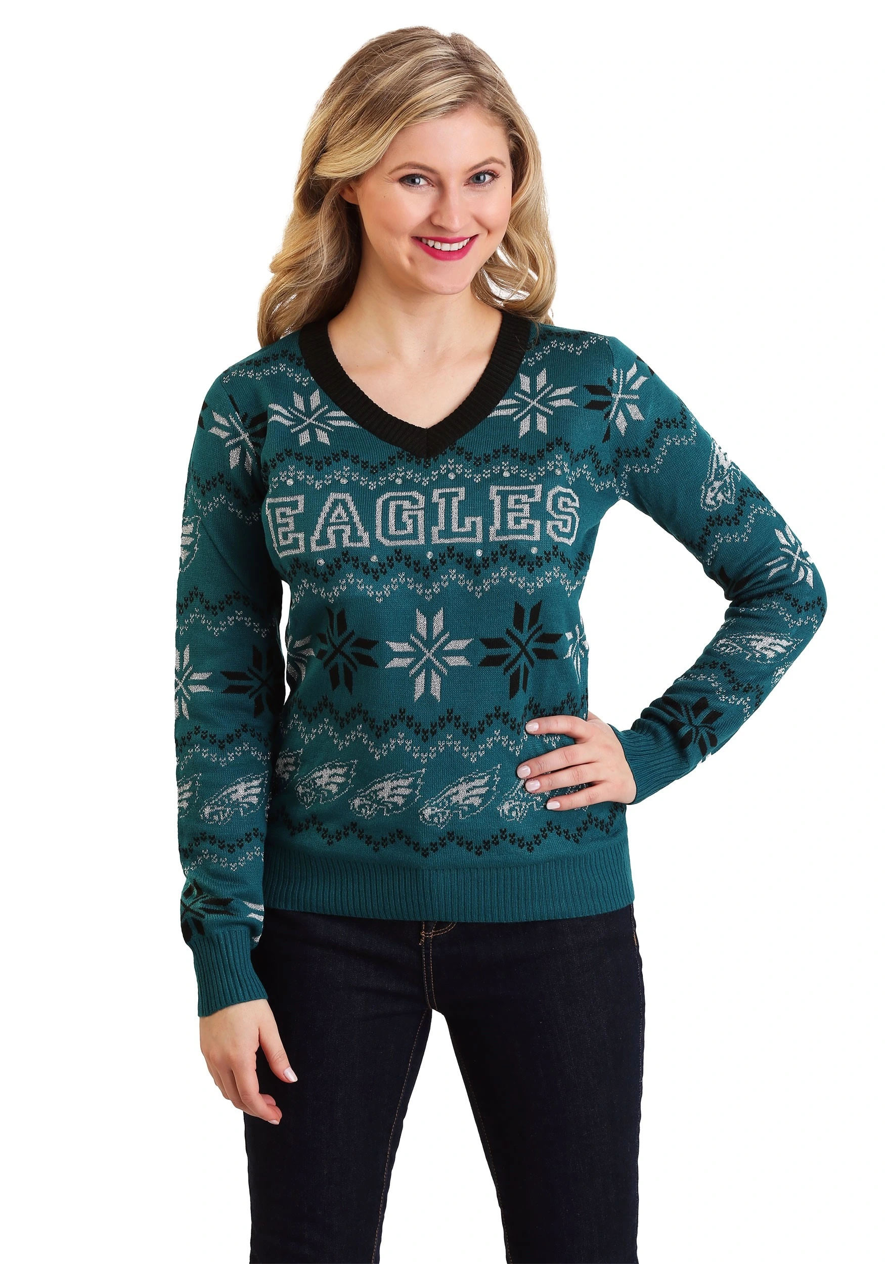 Forever Collectibles Women's Philadelphia Eagles Light Up V-Neck Bluetooth Sweater